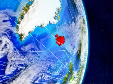 İzlanda Planet Earth ağları ile. Son derece ayrıntılı gezegenin yüzeyi ve bulutlar. 3D çizim. Nasa tarafından döşenmiş bu görüntü unsurları.