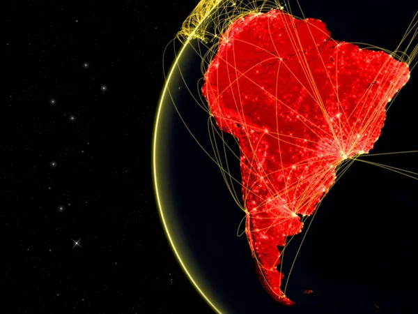 South America on dark Earth with network representing telecommunications, internet or intercontinental air traffic. 3D illustration. Elements of this image furnished by NASA.