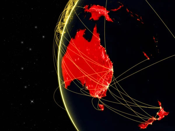 ネットワーク通信 インターネットやインター コンチネンタル航空交通を表す暗い地球上オーストラリア イラスト Nasa から提供されたこのイメージの要素 — ストック写真