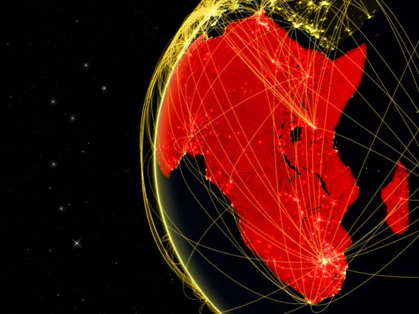 ネットワーク通信 インターネットやインター コンチネンタル航空交通を表す暗い地球上のアフリカ イラスト Nasa から提供されたこのイメージの要素 — ストック写真