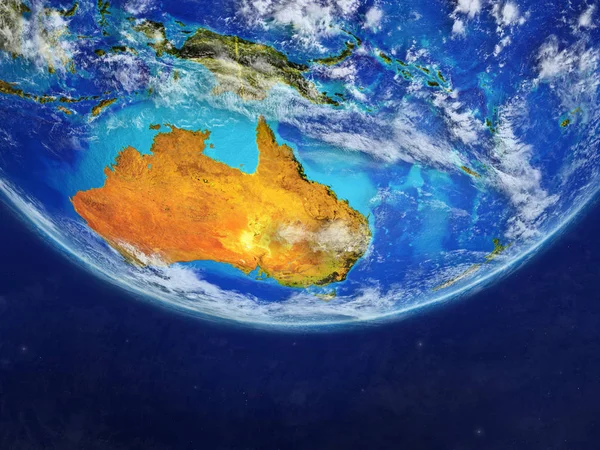 Australia from space on model of planet Earth with country borders. Extremely fine detail of planet surface and clouds. 3D illustration. Elements of this image furnished by NASA.