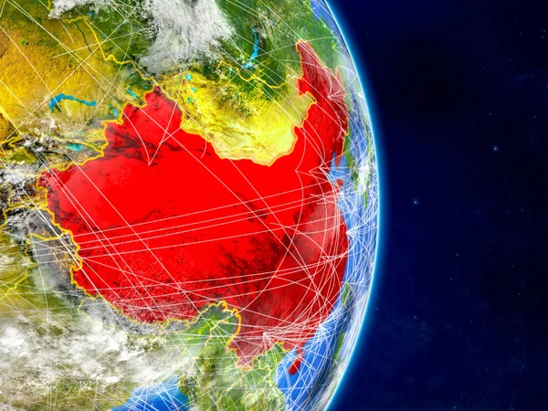 China on planet Earth with networks. Extremely detailed planet surface and clouds. 3D illustration. Elements of this image furnished by NASA.