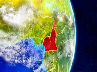 Kamerun Planet Earth ağları ile. Son derece ayrıntılı gezegenin yüzeyi ve bulutlar. 3D çizim. Nasa tarafından döşenmiş bu görüntü unsurları.
