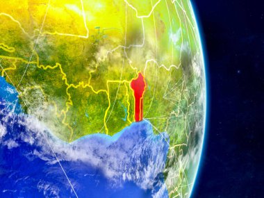 Benin Planet Earth ağları ile. Son derece ayrıntılı gezegenin yüzeyi ve bulutlar. 3D çizim. Nasa tarafından döşenmiş bu görüntü unsurları.