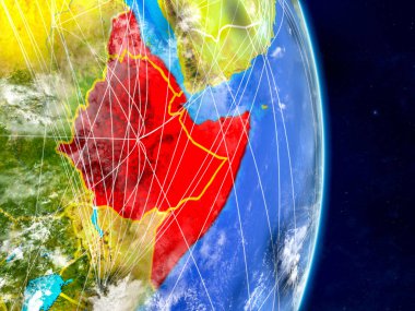 Planet Earth ağları ile Afrika boynuzu. Son derece ayrıntılı gezegenin yüzeyi ve bulutlar. 3D çizim. Nasa tarafından döşenmiş bu görüntü unsurları.