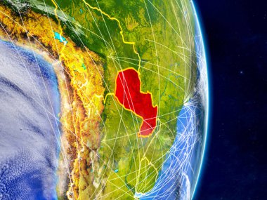 Planet Earth ağları ile Paraguay. Son derece ayrıntılı gezegenin yüzeyi ve bulutlar. 3D çizim. Nasa tarafından döşenmiş bu görüntü unsurları.