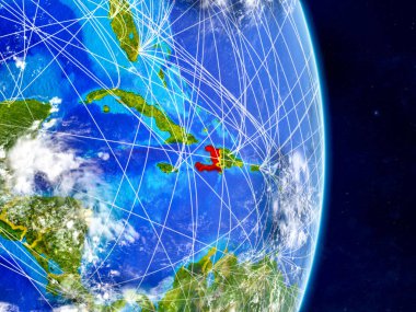 Planet Earth ağları ile Haiti. Son derece ayrıntılı gezegenin yüzeyi ve bulutlar. 3D çizim. Nasa tarafından döşenmiş bu görüntü unsurları.
