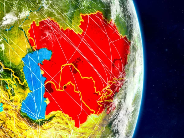Central Asia on planet Earth with networks. Extremely detailed planet surface and clouds. 3D illustration. Elements of this image furnished by NASA.