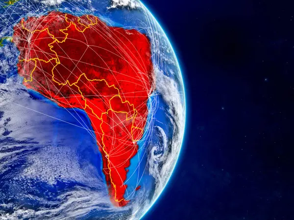 Sud America Sul Pianeta Terra Con Reti Superficie Nubi Del — Foto Stock