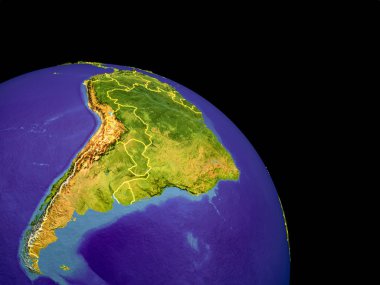 Ülke sınırları ile Güney Amerika'nın görünümü yörünge. Dağlar ve mavi okyanus dalgaları ile ile plastik gezegen yüzeyinde. 3D çizim. Nasa tarafından döşenmiş bu görüntü unsurları.
