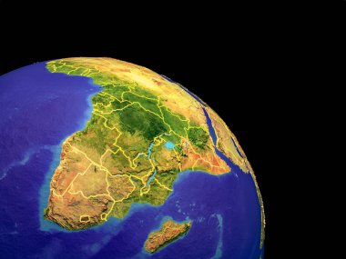 Ülke sınırları ile Afrika görmek yörünge. Dağlar ve mavi okyanus dalgaları ile ile plastik gezegen yüzeyinde. 3D çizim. Nasa tarafından döşenmiş bu görüntü unsurları.