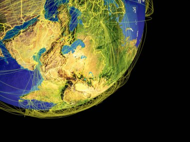 Asya ülke sınırları ve seyahat, iletişim temsil eden uluslararası bağlantıları olan gezegeni uzaydan. 3D çizim. Nasa tarafından döşenmiş bu görüntü unsurları.