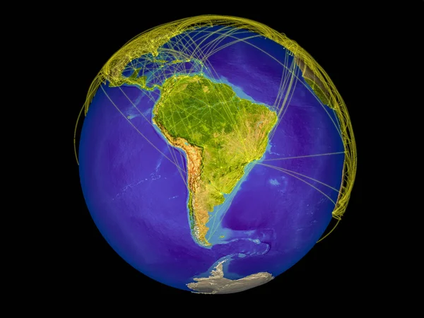 国際コミュニケーション 接続を表す線で地球上の領域から南アメリカ イラスト Nasa から提供されたこのイメージの要素 — ストック写真