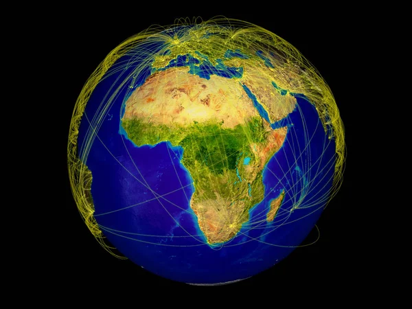 África Desde Espacio Tierra Con Líneas Que Representan Comunicación Internacional — Foto de Stock