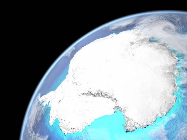 Antarktika dünyanın uzaydan. Gezegen yüzeyinde, gerçekçi bulutlar ve görünür okyanus tabanının çok ince ayrıntı. 3D çizim. Nasa tarafından döşenmiş bu görüntü unsurları.
