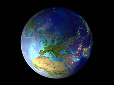Avrupa gezegeni uzaydan şehir ışıkları tarafından aydınlatılmış. 3d illüstrasyon izole beyaz arka plan üzerinde. Nasa tarafından döşenmiş bu görüntü unsurları.