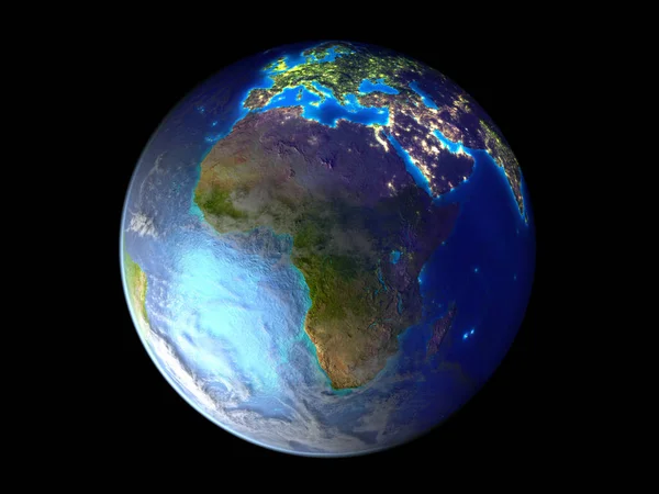Africa on planet Earth from space illuminated by city lights. 3D illustration isolated on white background. Elements of this image furnished by NASA.