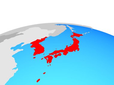 Japonya ve Kore siyasi dünya üzerinde. 3D çizim.