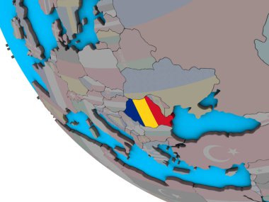 Romanya ile basit 3d dünya üzerinde katıştırılmış ulusal bayrak. 3D çizim.
