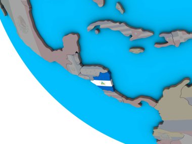 Nikaragua ile basit 3d dünya üzerinde katıştırılmış ulusal bayrak. 3D çizim.