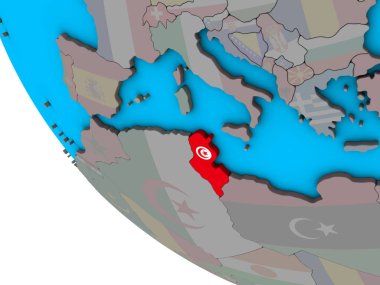 Tunus basit 3d dünya üzerinde katıştırılmış ulusal bayrak ile. 3D çizim.