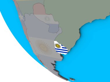 Uruguay ile basit 3d dünya üzerinde katıştırılmış ulusal bayrak. 3D çizim.