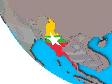 Myanmar basit 3d dünya üzerinde katıştırılmış ulusal bayrak ile. 3D çizim.