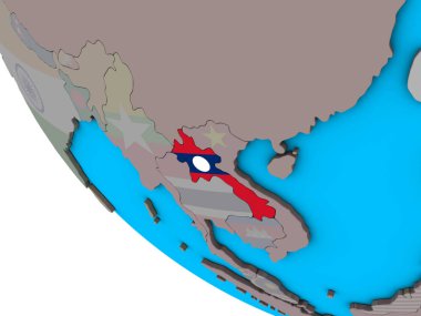 Laos basit 3d dünya üzerinde katıştırılmış ulusal bayrak ile. 3D çizim.