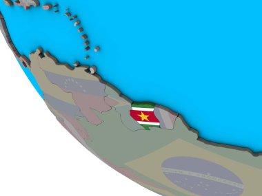 Surinam basit 3d dünya üzerinde katıştırılmış ulusal bayrak ile. 3D çizim.
