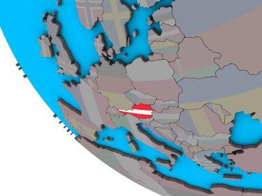Avusturya ile basit 3d dünya üzerinde katıştırılmış ulusal bayrak. 3D çizim.
