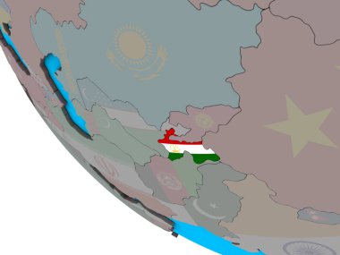 Tacikistan basit 3d dünya üzerinde katıştırılmış ulusal bayrak ile. 3D çizim.