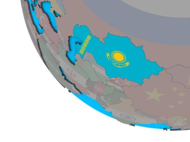 Kazakistan basit 3d dünya üzerinde katıştırılmış ulusal bayrak ile. 3D çizim.