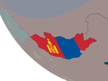 Moğolistan ile basit 3d dünya üzerinde katıştırılmış ulusal bayrak. 3D çizim.