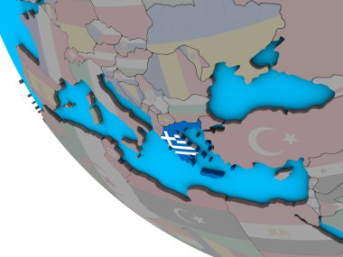 Yunanistan ile basit 3d dünya üzerinde katıştırılmış ulusal bayrak. 3D çizim.