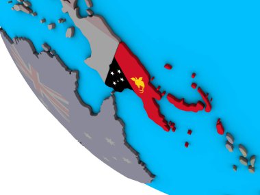 Papua Yeni Gine basit 3d dünya üzerinde katıştırılmış ulusal bayrak ile. 3D çizim.