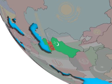 Türkmenistan ile basit 3d dünya üzerinde katıştırılmış ulusal bayrak. 3D çizim.