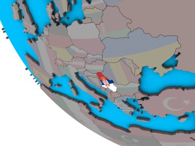 Sırbistan ile basit 3d dünya üzerinde katıştırılmış ulusal bayrak. 3D çizim.