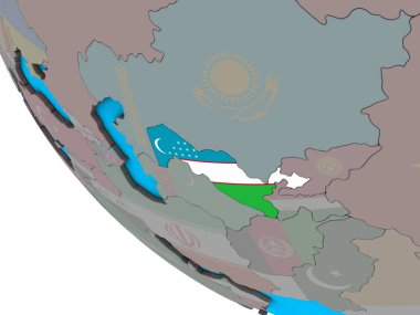 Özbekistan basit 3d dünya üzerinde katıştırılmış ulusal bayrak ile. 3D çizim.