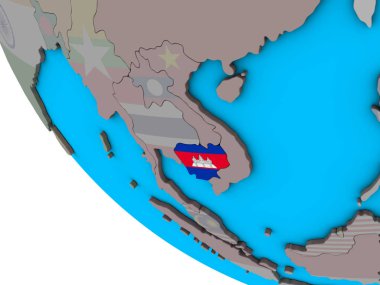 Kamboçya ile basit 3d dünya üzerinde katıştırılmış ulusal bayrak. 3D çizim.