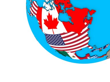 Basit 3d dünya üzerinde katıştırılmış ülke bayrakları ile Kuzey Amerika. 3D çizim.