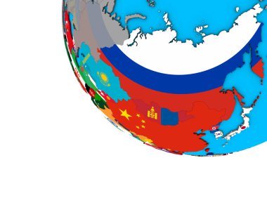 Asya basit 3d dünya üzerinde katıştırılmış ülke bayrakları ile. 3D çizim.