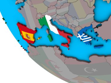 Güney Avrupa basit 3d dünya üzerinde katıştırılmış ülke bayrakları ile. 3D çizim.