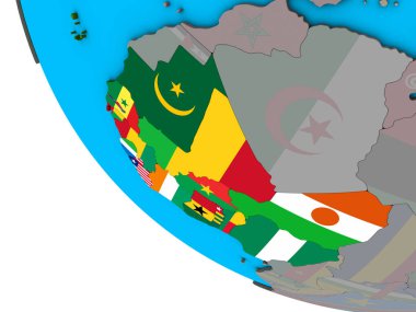 Basit 3d dünya üzerinde katıştırılmış ülke bayrakları ile Batı Afrika. 3D çizim.