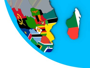 Basit 3d dünya üzerinde katıştırılmış ülke bayrakları ile Güney Afrika. 3D çizim.