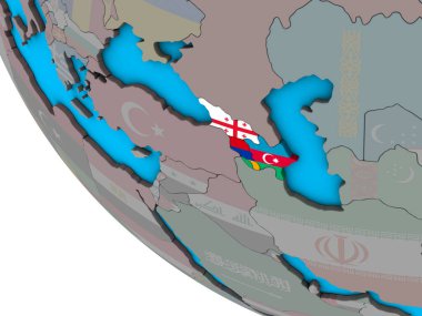 Basit 3d dünya üzerinde katıştırılmış ülke bayrakları ile Kafkasya. 3D çizim.