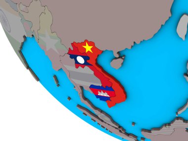 Basit 3d dünya üzerinde katıştırılmış ülke bayrakları ile Indochina. 3D çizim.