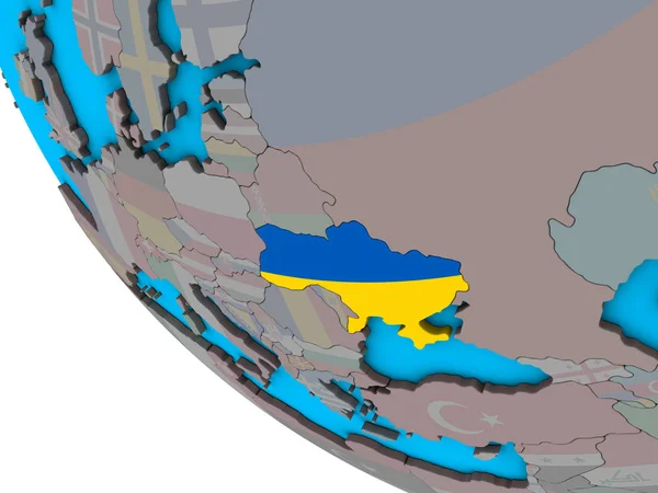 Ukrayna Ile Basit Dünya Üzerinde Katıştırılmış Ulusal Bayrak Çizim — Stok fotoğraf