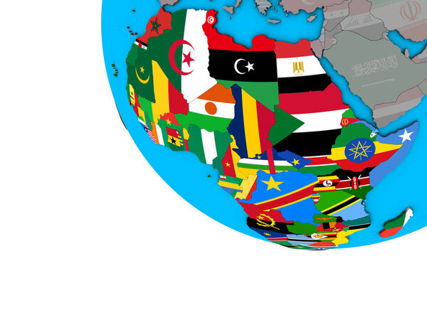 Africa with embedded national flags on simple 3D globe. 3D illustration.