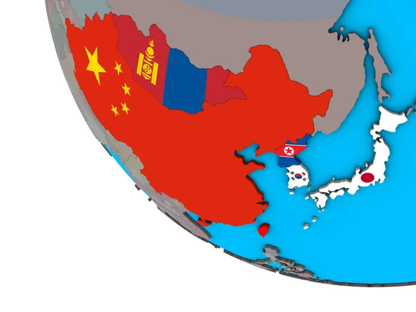 Doğu Asya Basit Dünya Üzerinde Katıştırılmış Ülke Bayrakları Ile Çizim — Stok fotoğraf