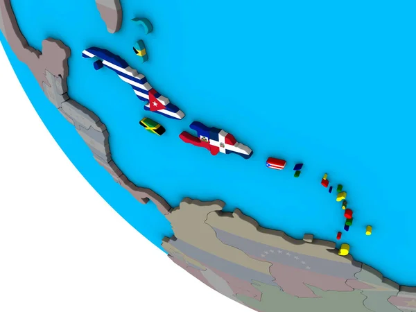 加勒比与嵌入国旗在简单的3D 地球上 — 图库照片